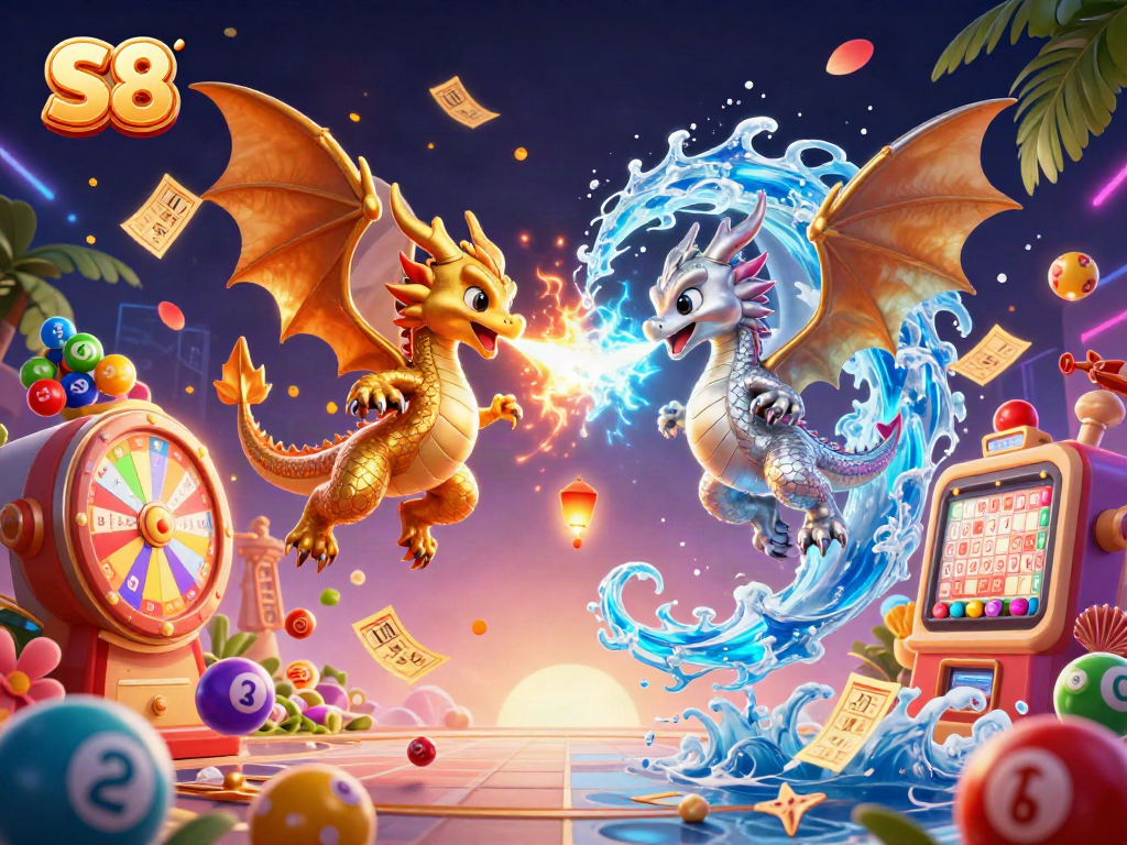 Engage with S8's exciting lottery world featuring dynamic dragons and vibrant game elements.