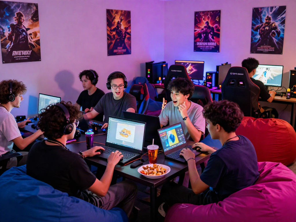 Gaming enthusiasts discussing strategies in an immersive online gaming community environment at 먹튀스팟.