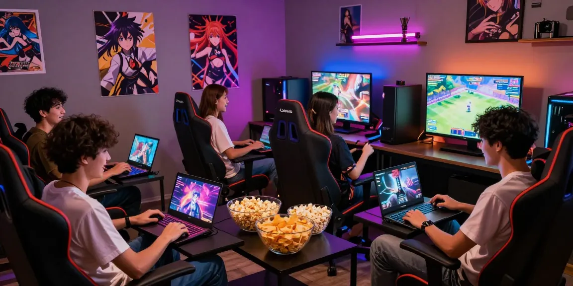 Engaged gamers enjoying hentai games in a vibrant lounge setting with colorful lights.