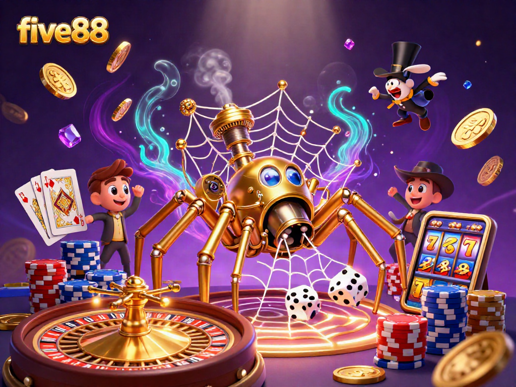 Engage with five88's thrilling gaming atmosphere featuring a steampunk spider and Victorian fly