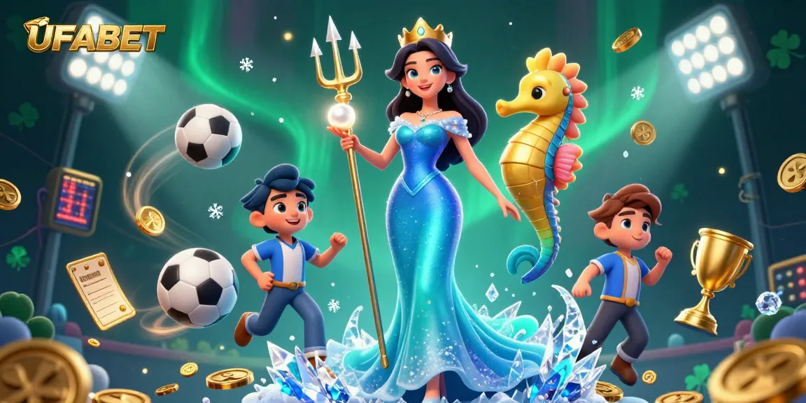 Bet on UFABET with colorful sports elements floating around a glowing pearl and seahorse king