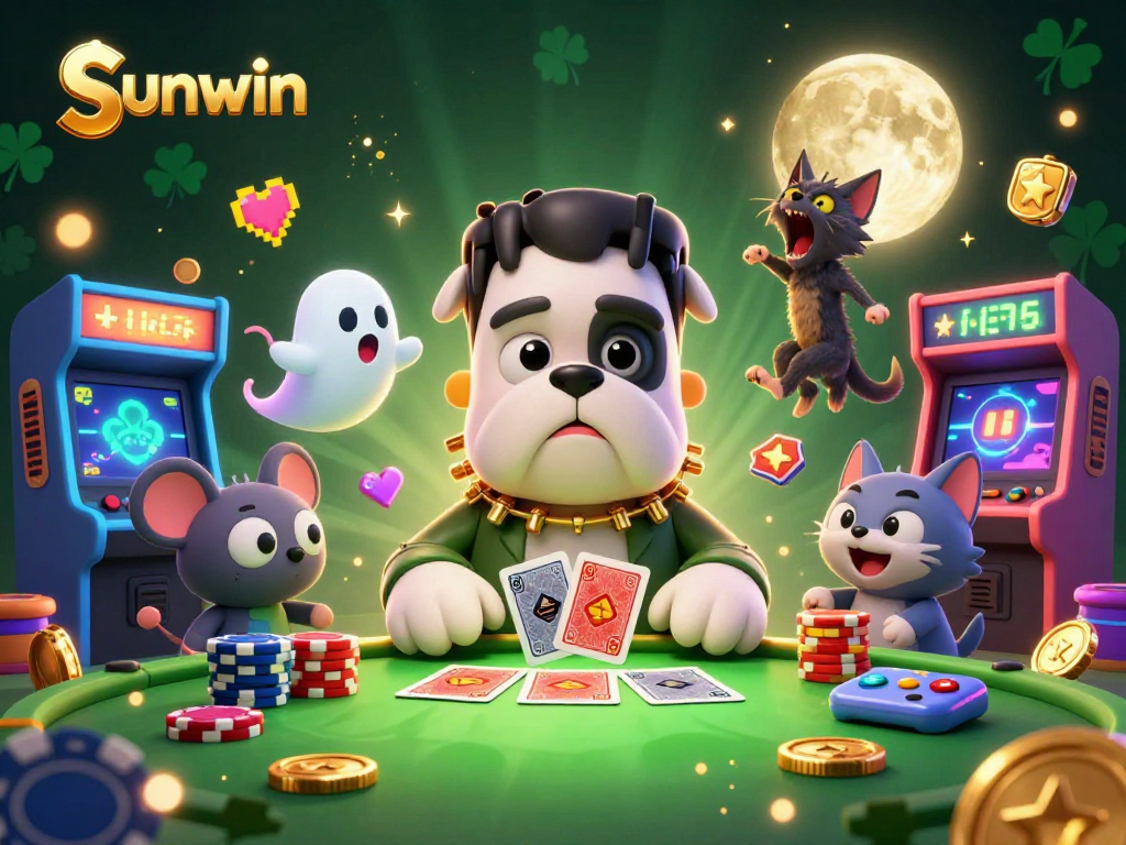 Engage with sunwin while the Frankenstein bulldog deals cards amidst a spooky casino adventure.