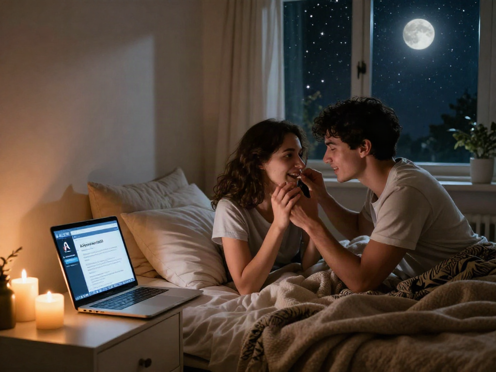 Couple exploring sex ai technology for relationship enhancement in cozy bedroom.