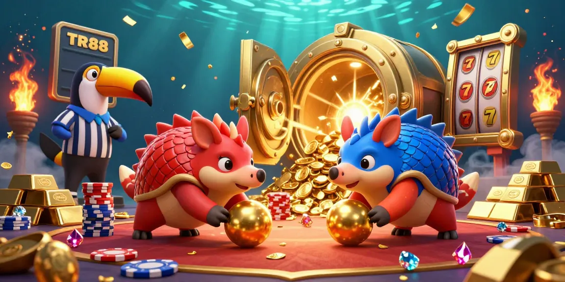 Experience thrilling gameplay with TR88 as rival pangolins bowl through golden poker chips in this dynamic casino scene.