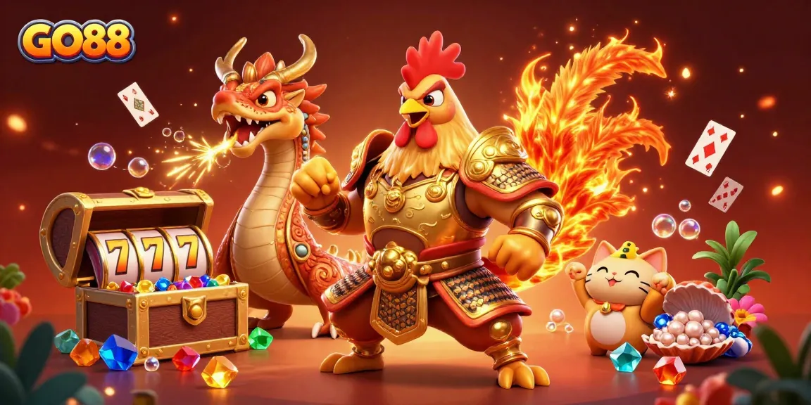 Experience the thrill of GO88 with cartoon warriors, colorful gems, and spinning slots.